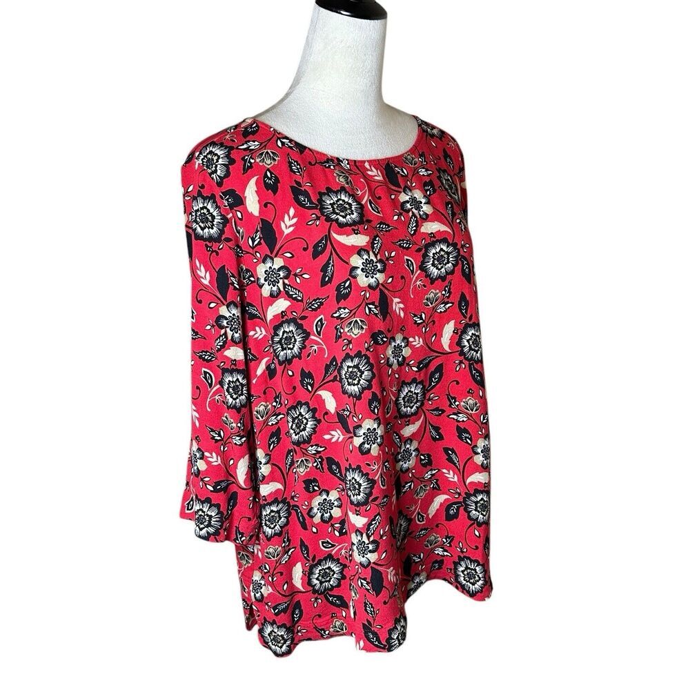 J. Jill Red Floral Stretch Tunic Blouse 3/4 Sleeve Boat Neck Relaxed Top Size XL - Picture 2 of 9
